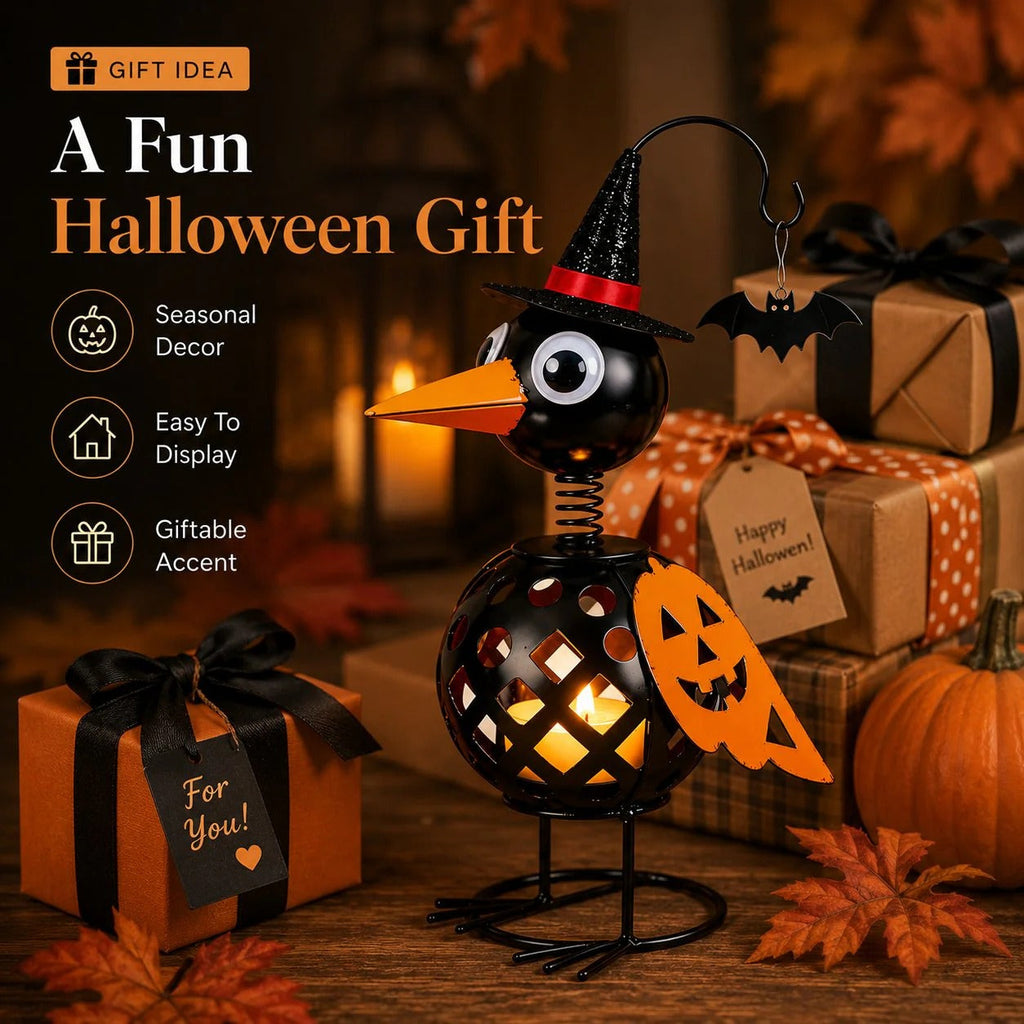 🔥 Wrought Iron Crow & Pumpkin Ornament 🎃 Rustic Halloween Decor
