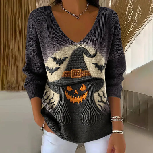 Classic Halloween Evil Pumpkin Witch Art Inspired V Neck Cozy Knit Sweater