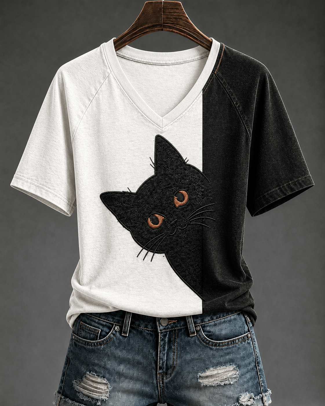 Women's Retro Black Cat Print V-Neck Top