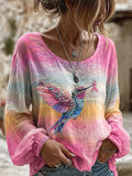 Women's Breast Cancer Awareness Hummingbird Print Long-Sleeve Top