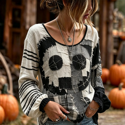 Women's Halloween Jack-o'-lantern Art Embroidered Linen Blend Round Neck Long Sleeve Tops