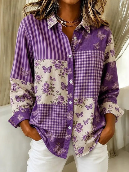 Women's Casual Floral Butterfly Striped Checkered Patchwork Shirt