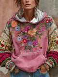 Women's Floral Faux Embroidery Printed Hooded Sweatshirt