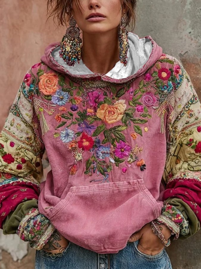 Women's Floral Faux Embroidery Printed Hooded Sweatshirt