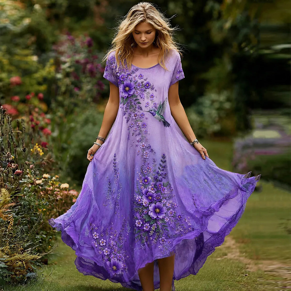 Women's Purple Floral Hummingbird Print Alzheimer's Disease Care Casual  Dress