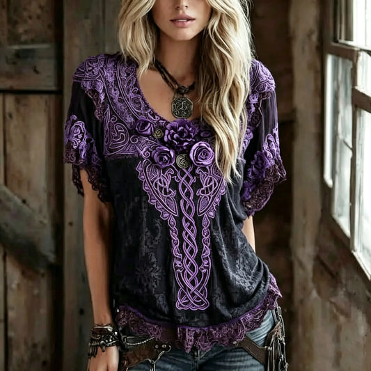 Women's Retro Purple Rose And Kelley Knot Gradient Pattern Casual Linen Crew Neck T-shirt