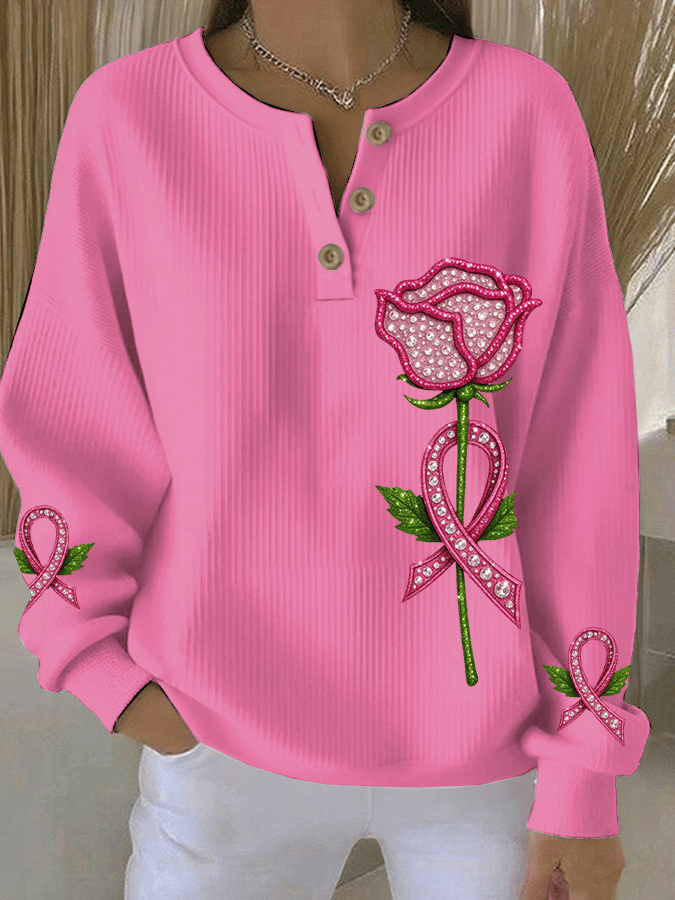 Women's Breast Cancer Awareness Print Casual Three-Button Henley Neck Sweatshirt
