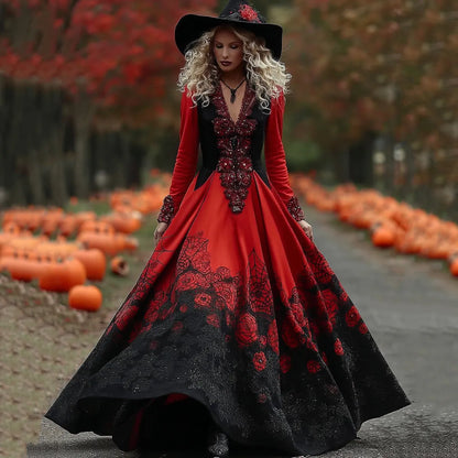 Women's Vintage Halloween Black Roses And Spider Web Art Comfy Velvet Maxi Dress