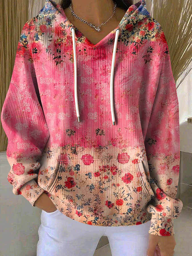 Women'S Breast Cancer Awareness Flowers  Printed Casual Hoodie