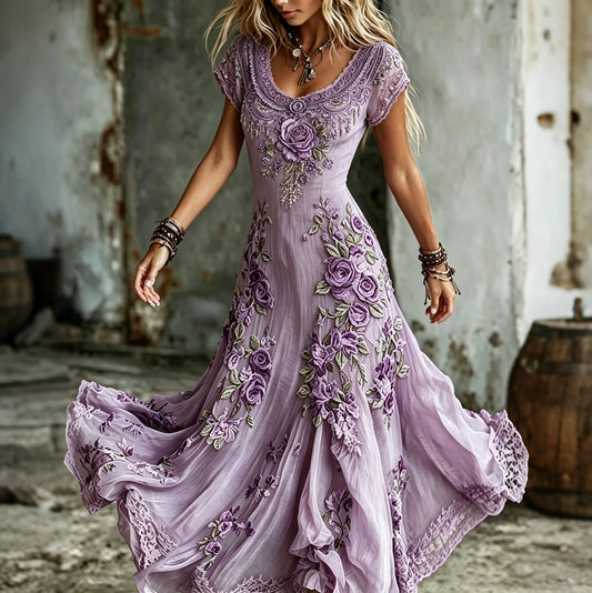 Women's Vintage Bohemia Rose Embroidered Art Flowy Maxi Dress