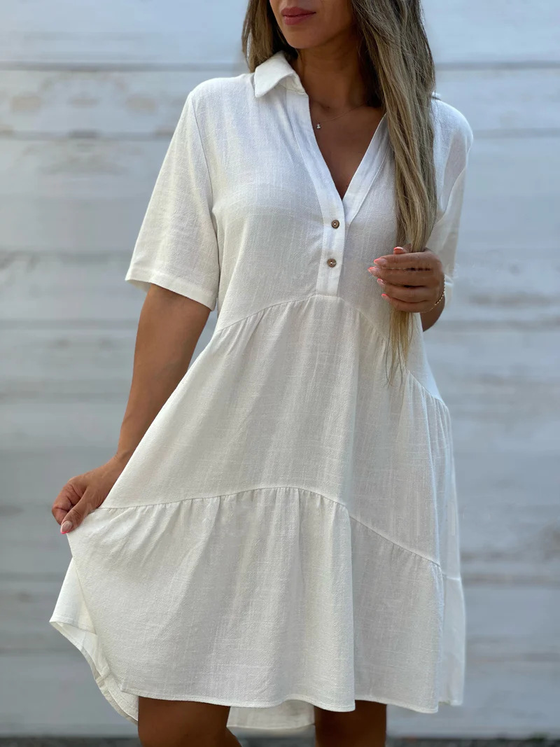 Cotton Linen V-Neck Button Shirt Dress