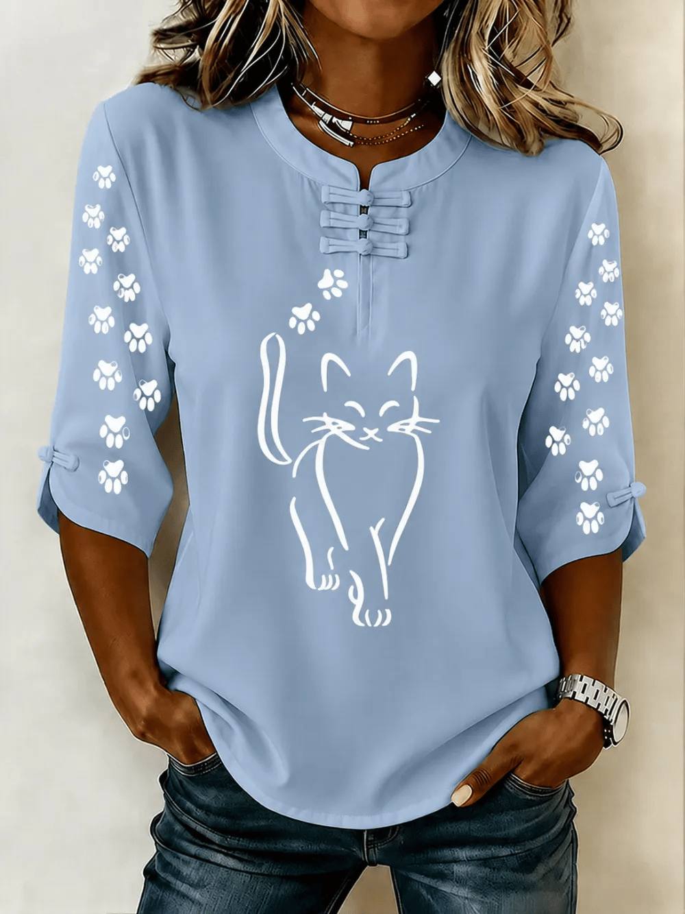 Women's Cute Cat Print Button-Up Top
