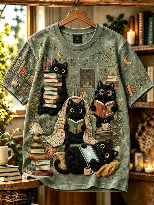 Whimsical Black Cat Book Club Graphic Print T-Shirt