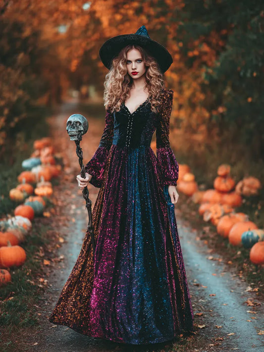 Women's  Vintage Halloween Gradient Rainbow Gliter Art Comfy Velvet Maxi Dress