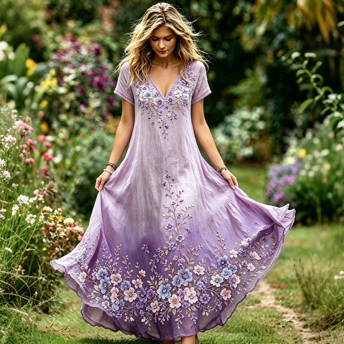 Women's Vintage Purple Floral Embroidered Art Linen Casual V Neck Maxi Dress