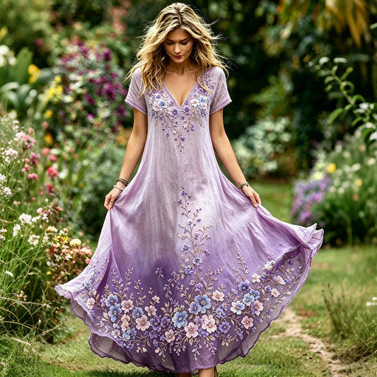 Women's Vintage Purple Floral Embroidered Art Linen Casual V Neck Maxi Dress