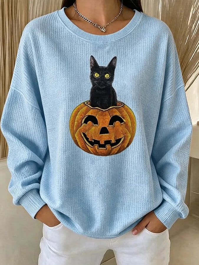 Women's Halloween Cat Print Sweatshirt