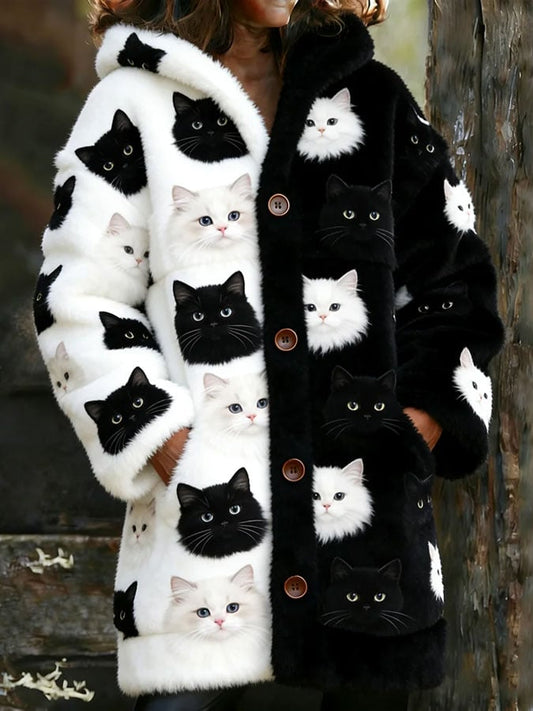 Women's Vintage Cute Cat Printed Knitted Fabric Plush Jacket