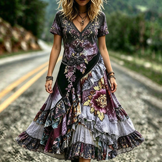 Dark Purple 3d Rose Patchwork Asymmetrical Maxi Dress Women's Y2k Short Sleeve V Neck Bohemian Dress
