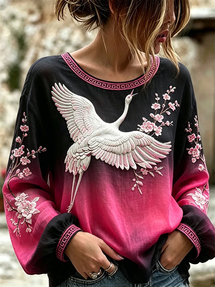 Women's Pink Gradient Print Cotton-Linen Shirt