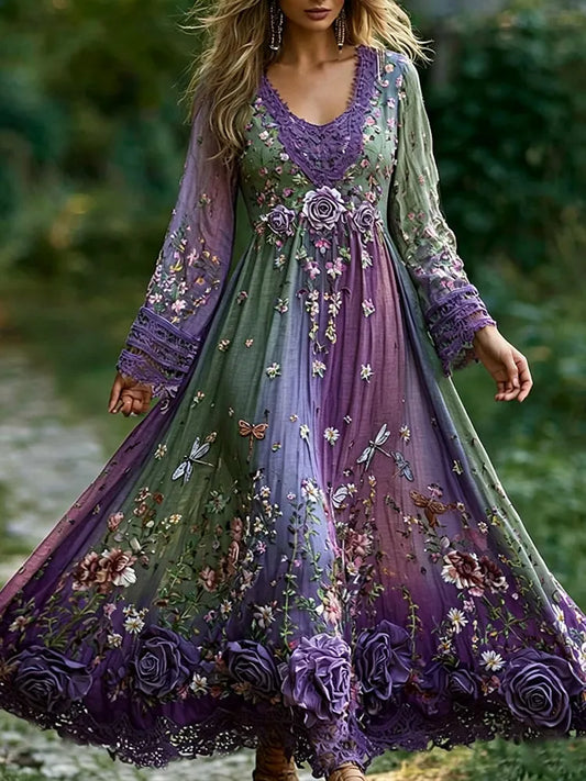 Women's Vintage Floral And Dragonfly Art Gradient Color Cotton And Linen V-neck Long Sleeve Maxi Dress