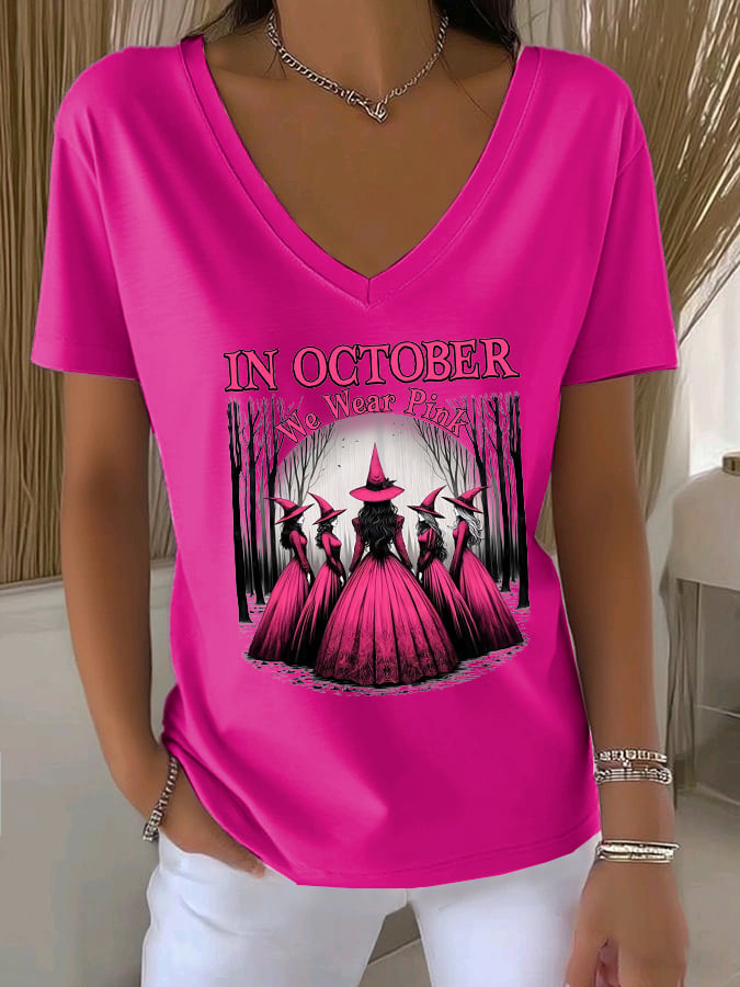 Women's Casual Witch October We Wear Pink V-Neck T-Shirt