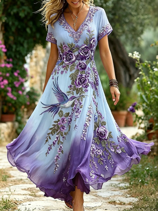 Women's Purple Rose Hummingbird Embroidery Print Alzheimer's Awareness V-neck Dress