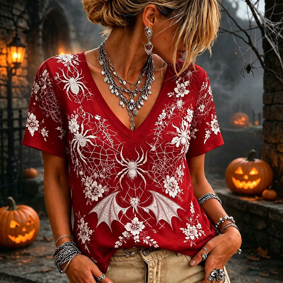 Women 3d Silver Spider Bat Floral Lace Mesh V Neck Short Sleeve Gothic Witch Halloween Top