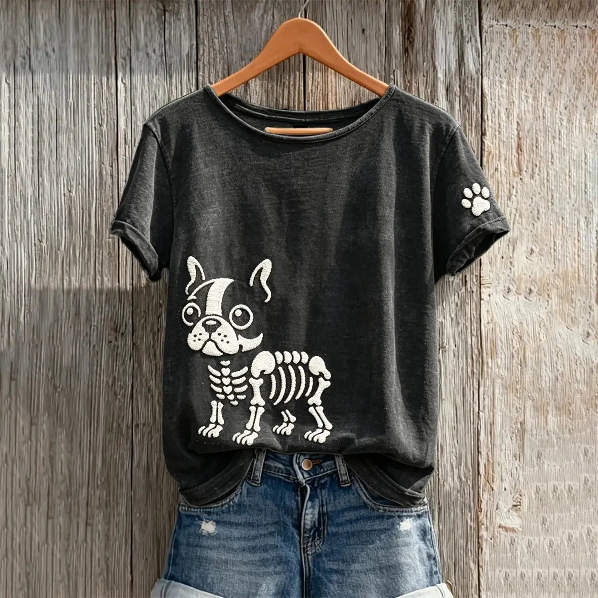 Women's Halloween Skull Boston Terrier Pattern Art Print Casual T-shirt