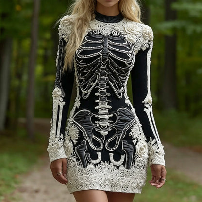 Women's Halloween Skeleton Bones Leather With Rose Pattern Art Hot Sexy Style Cozy Knit Mini Sweater Dress