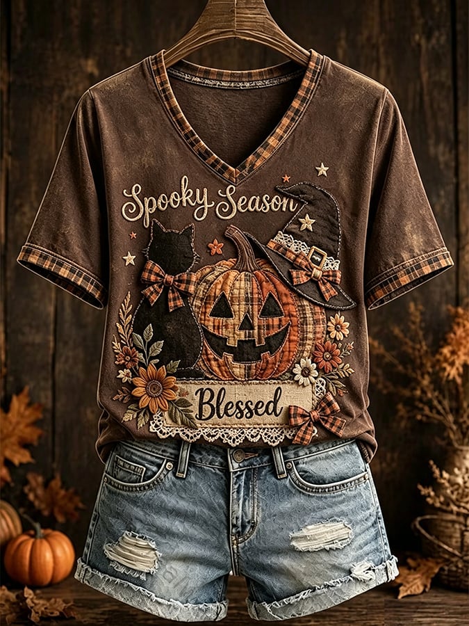 Women's Halloween Scary Pumpkin Face Cat Art Print Top