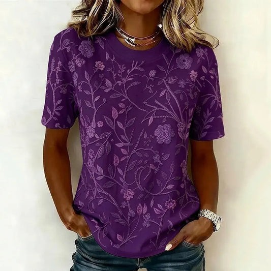 Women's Retro Purple Floral Embroidered Casual T-shirt