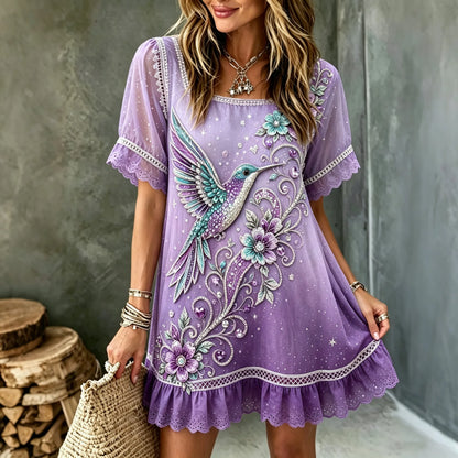 Women's Purple Floral & Hummingbird Print Alzheimer's Awareness Casual  Mini Dress