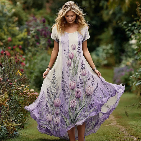 Women's Purple Tulip Gradient Print Alzheimer's Disease Awareness Casual Dress