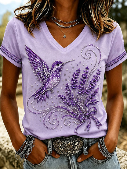 Women's Floral Hummingbird Art Pattern V-neck Short-sleeved T-shirt