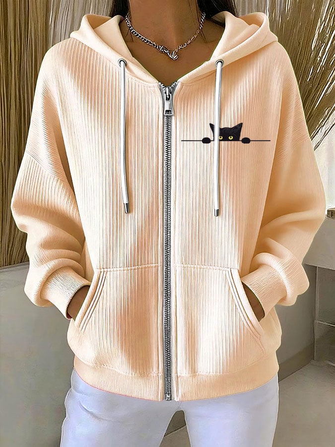 Women's Casual Cat Print Textured Sweatshirt Jacket