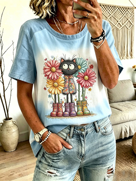 Women's Floral Cat Print Denim Patchwork Top