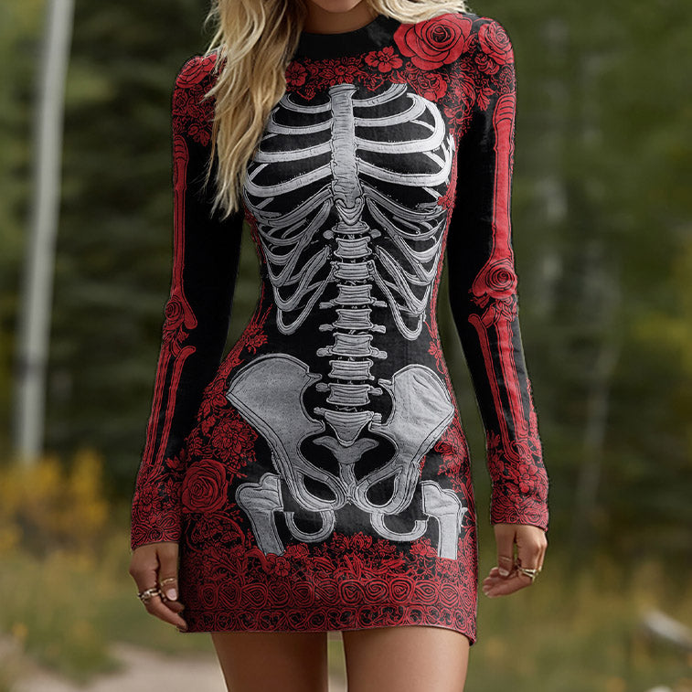 Women's Halloween Skeleton Bones Leather With Rose Pattern Art Hot Sexy Style Cozy Knit Mini Sweater Dress