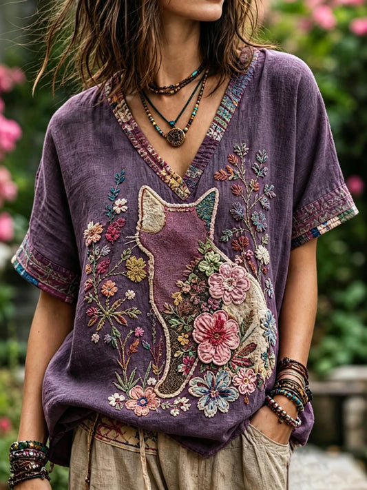 Women's Vintage Floral With Cat Art Embroidery Linen Blend V-neck Short-sleeve T-shirt