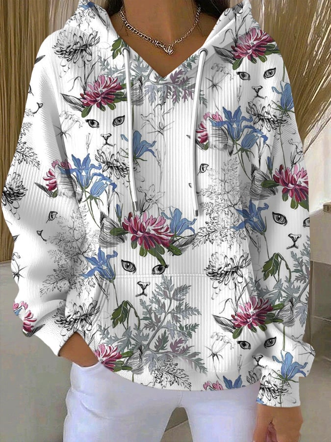 Women's Floral Cat Print Casual Hooded Sweatshirt