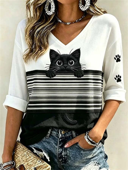 Women'S Casual Cat-Print Top