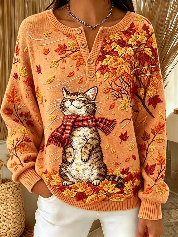 Women's Casual Print Button-Up Collar Knit Top