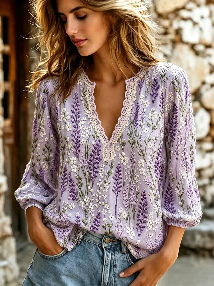 Women's Retro Purple Floral Art Cotton Linen V-neck T-shirt