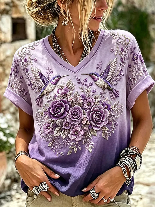 Women's Retro Vacation Floral Hummingbird Print V-neck Cotton Linen Short-sleeve T-shirt