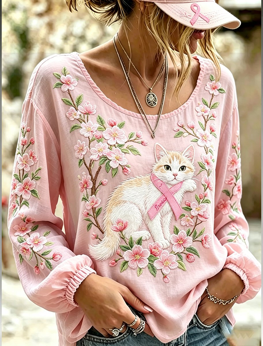 Women's Retro Breast Cancer Floral Print Long-Sleeved Top