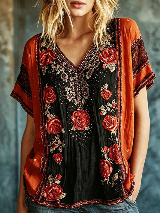 Women's Retro Rose Embroidery Gradient Pattern Casual Halloween T-shirt