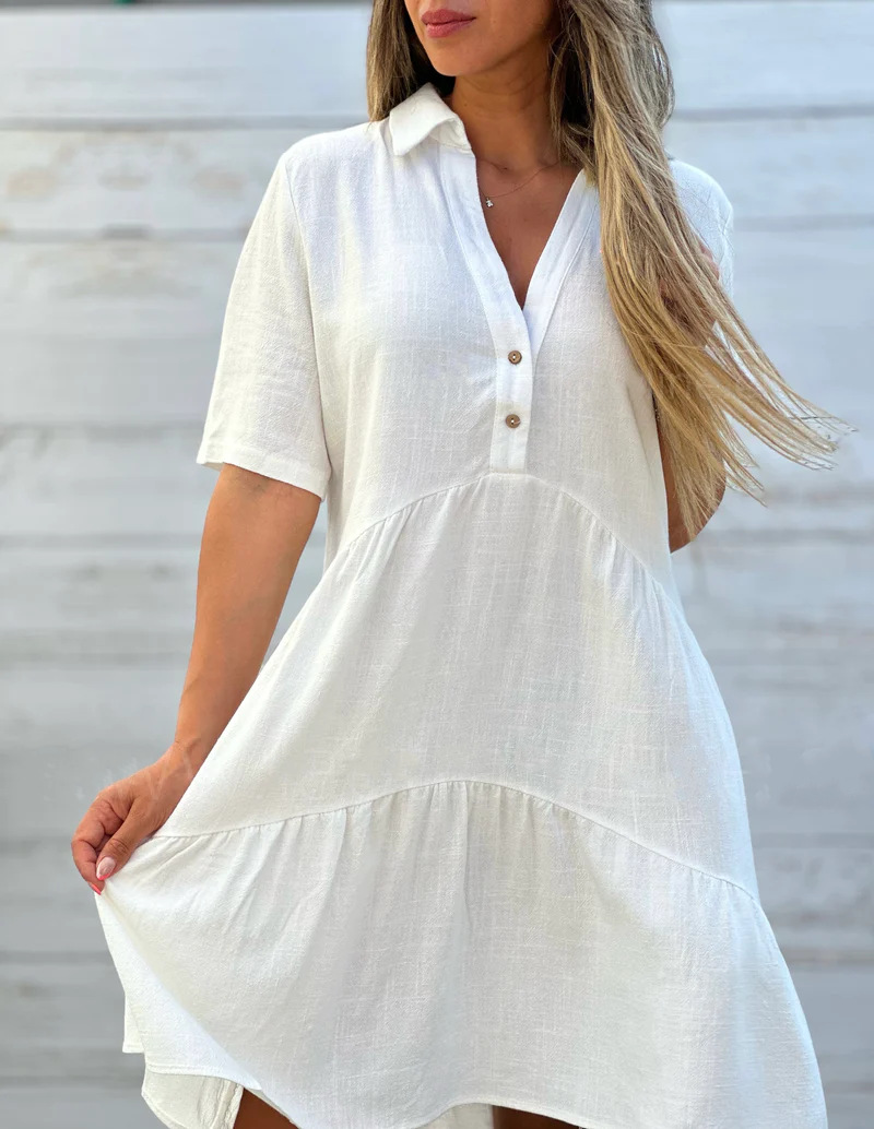 Cotton Linen V-Neck Button Shirt Dress