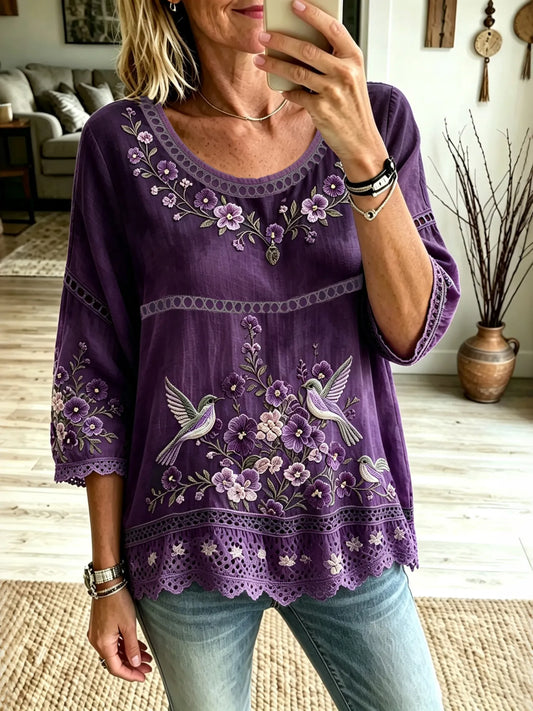 Women's Floral Hummingbird Art Pattern Three-quarter Sleeve T-shirt