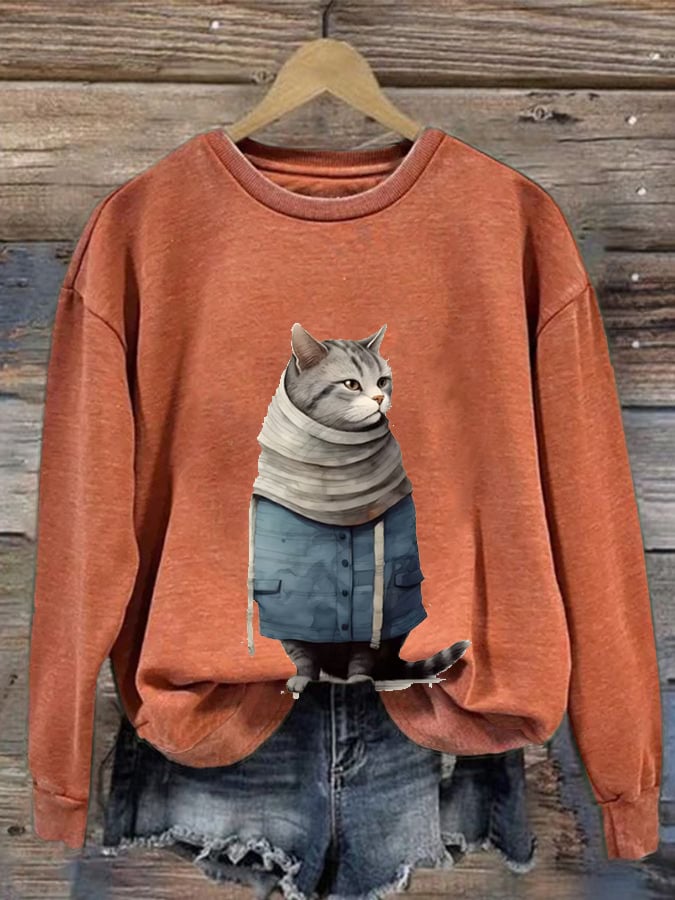 Women'S Winter Art Cat Print Crew Neck Casual Sweatshirt