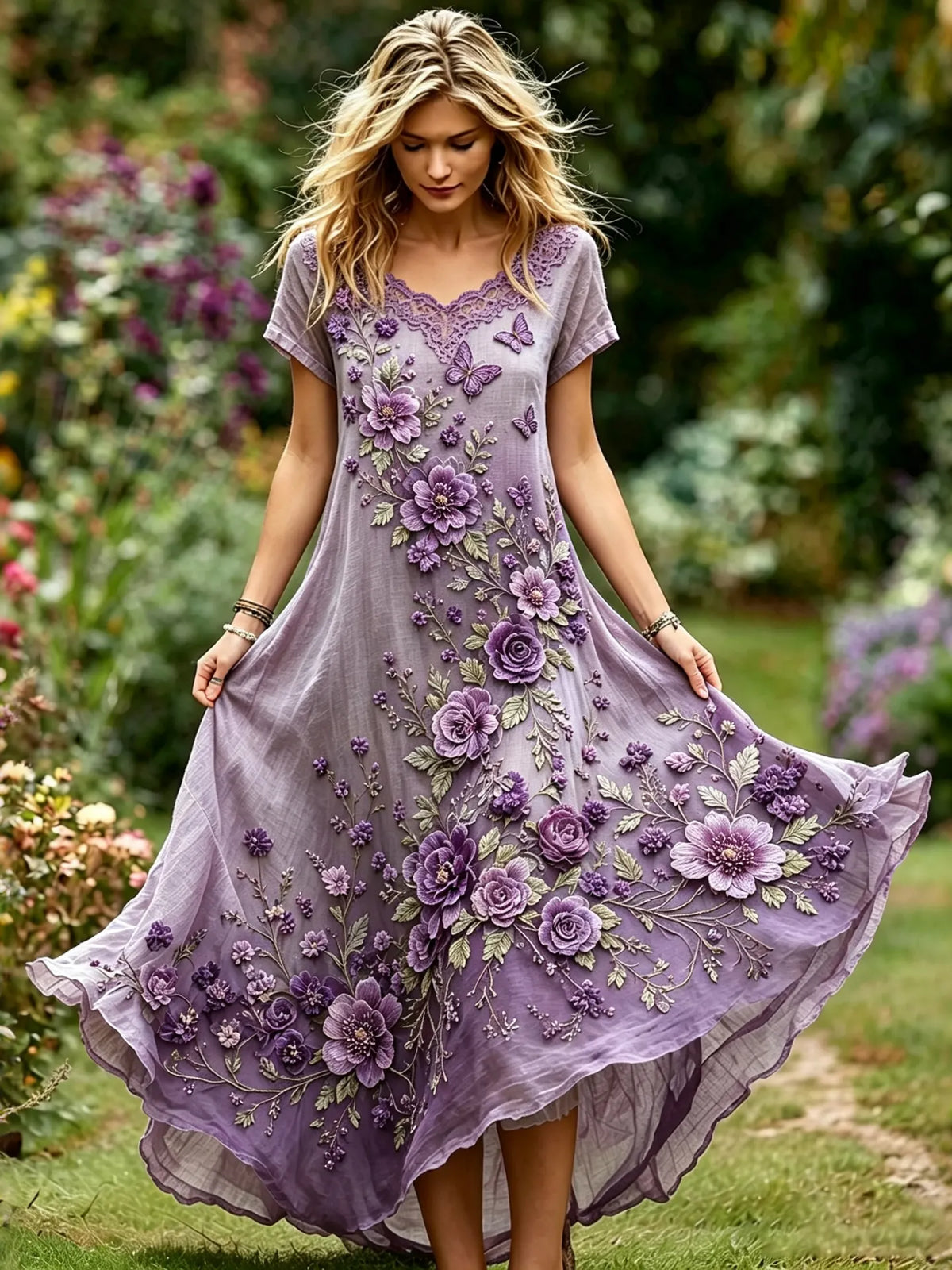 Women's Vintage Flowers And Butterflies Embroidered Art V-neck Flowy Maxi Dress